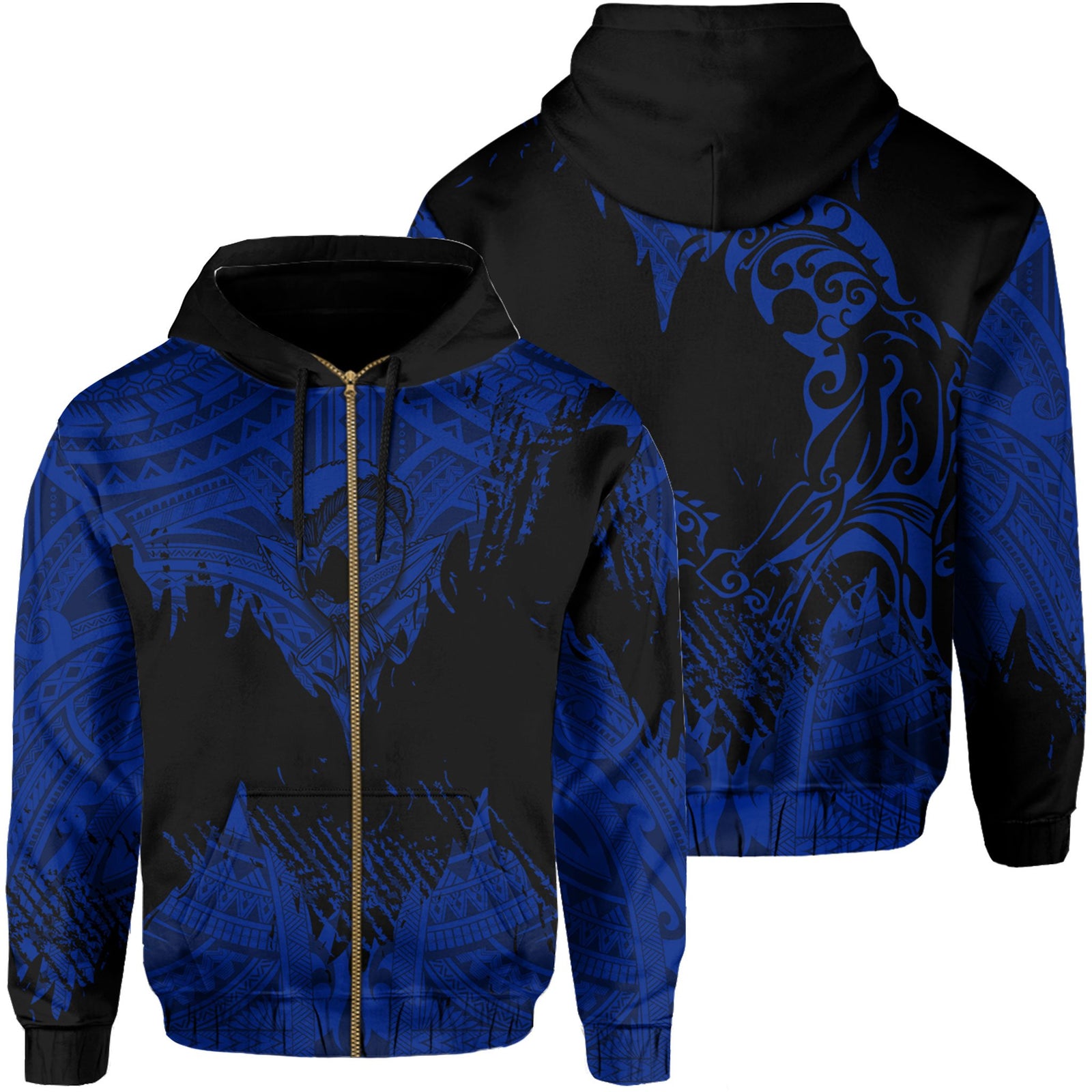 Hawaii Polynesian Hoodie Zip Warrior Ikaika Benjamin Style Blue Unisex Black - Polynesian Pride