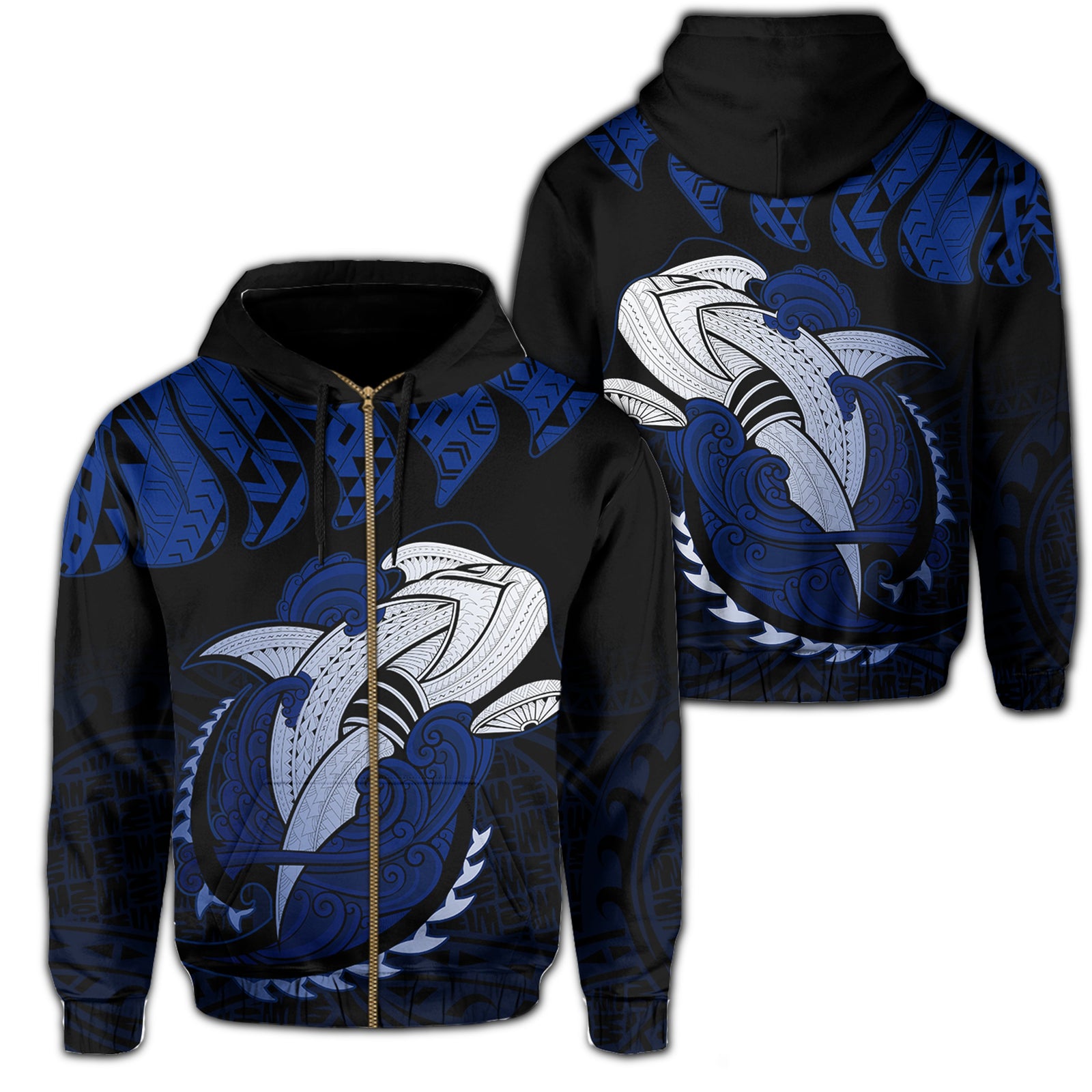 Hawaii Polynesian Aumakua Hammerhead Shark Hoodie Zip Cloud Style Blue Unisex Blue - Polynesian Pride