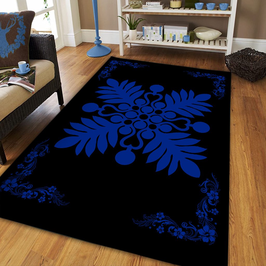 Hawaiian Quilt Maui Plant And Hibiscus Pattern Area Rug - Blue Black - AH - Polynesian Pride