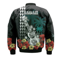 Hawaii Ukulele Mix Hibiscus and Coconut Tree Bomber Jacket Aloha Vintage Black Version LT9 - Polynesian Pride