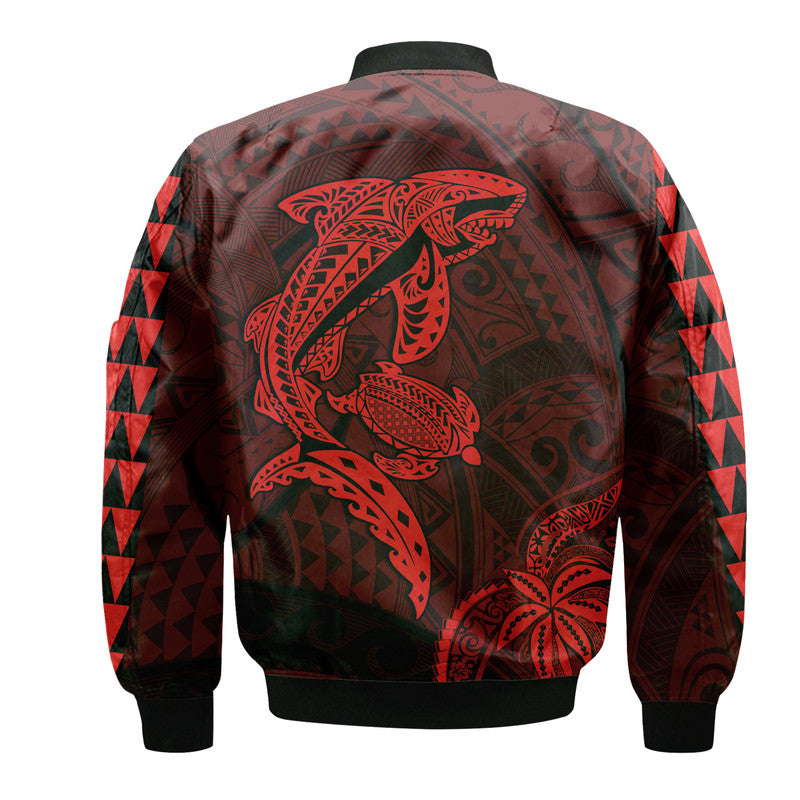 Hawaii Bomber Jacket Shark and Turtle Mix Kakau Red LT9 - Polynesian Pride