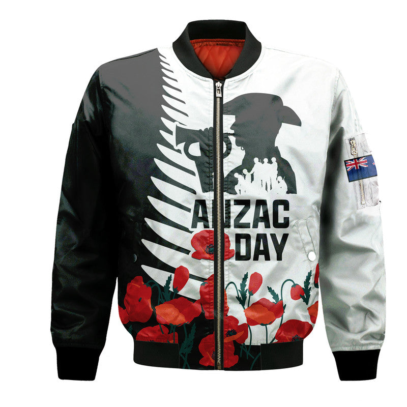 New Zealand ANZAC Day Bomber Jacket Military Silver Ferns and Red Poppy LT9 Unisex Black - Polynesian Pride