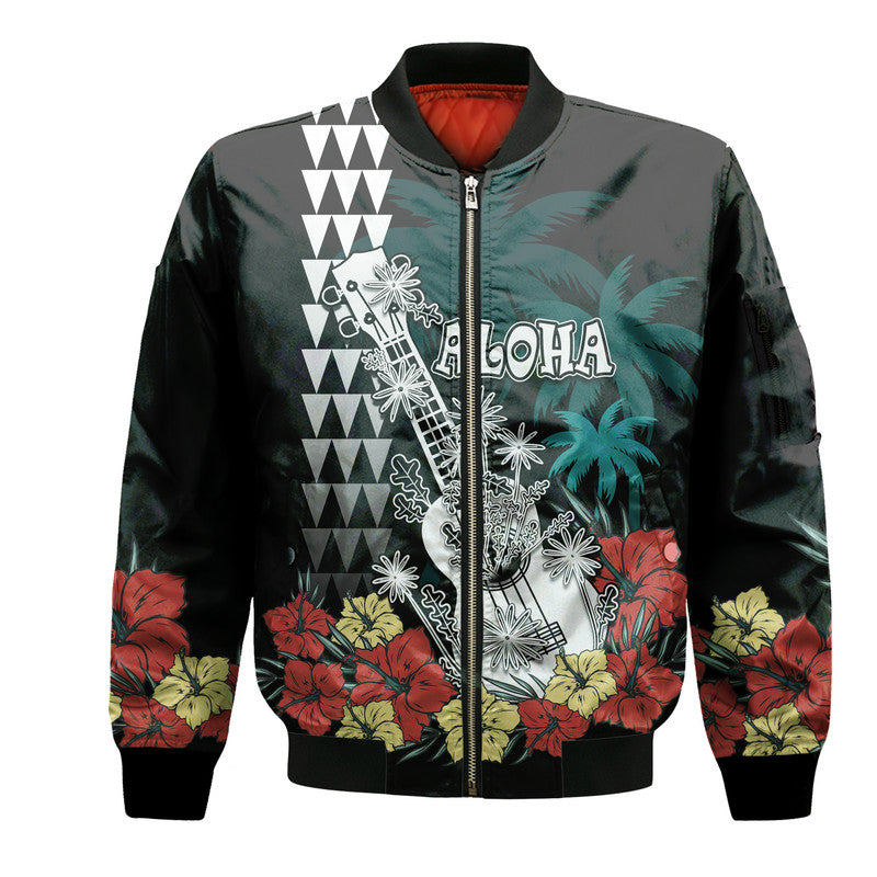 Hawaii Ukulele Mix Hibiscus and Coconut Tree Bomber Jacket Aloha Vintage Black Version LT9 Unisex Black - Polynesian Pride