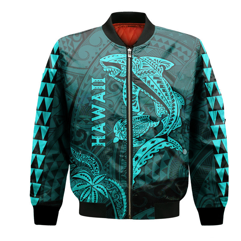 Hawaii Bomber Jacket Shark and Turtle Mix Kakau Turquoise LT9 Unisex Turquoise - Polynesian Pride