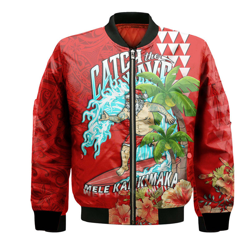 Hawaii Mele Kalikimaka Bomber Jacket Santa Claus Surfing Xmas Time LT9 Unisex Red - Polynesian Pride