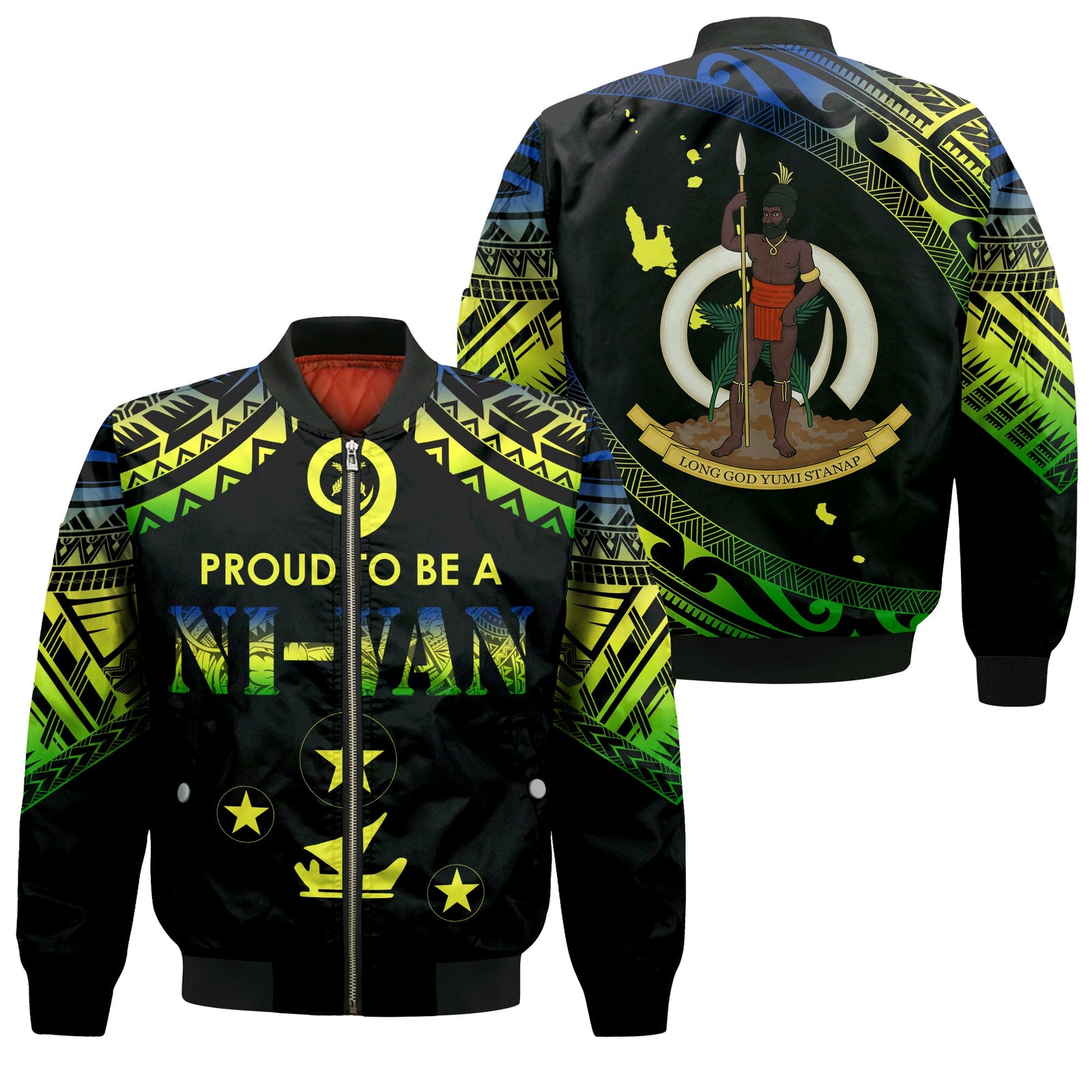 Vanuatu Proud To Be A Ni-Van - Polynesian Pattern Bomber Jacket - Malampa Province LT7 Unisex Black - Polynesian Pride