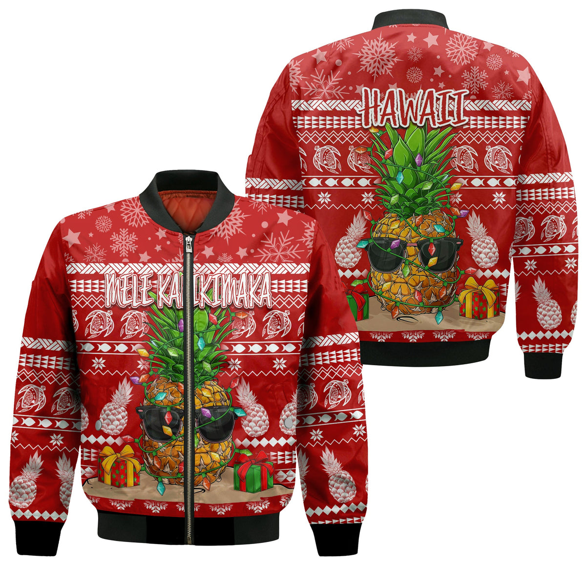 Hawaii Christmas Bomber Jacket Mele Kalikimaka - Pineapple LT7 Unisex Red - Polynesian Pride