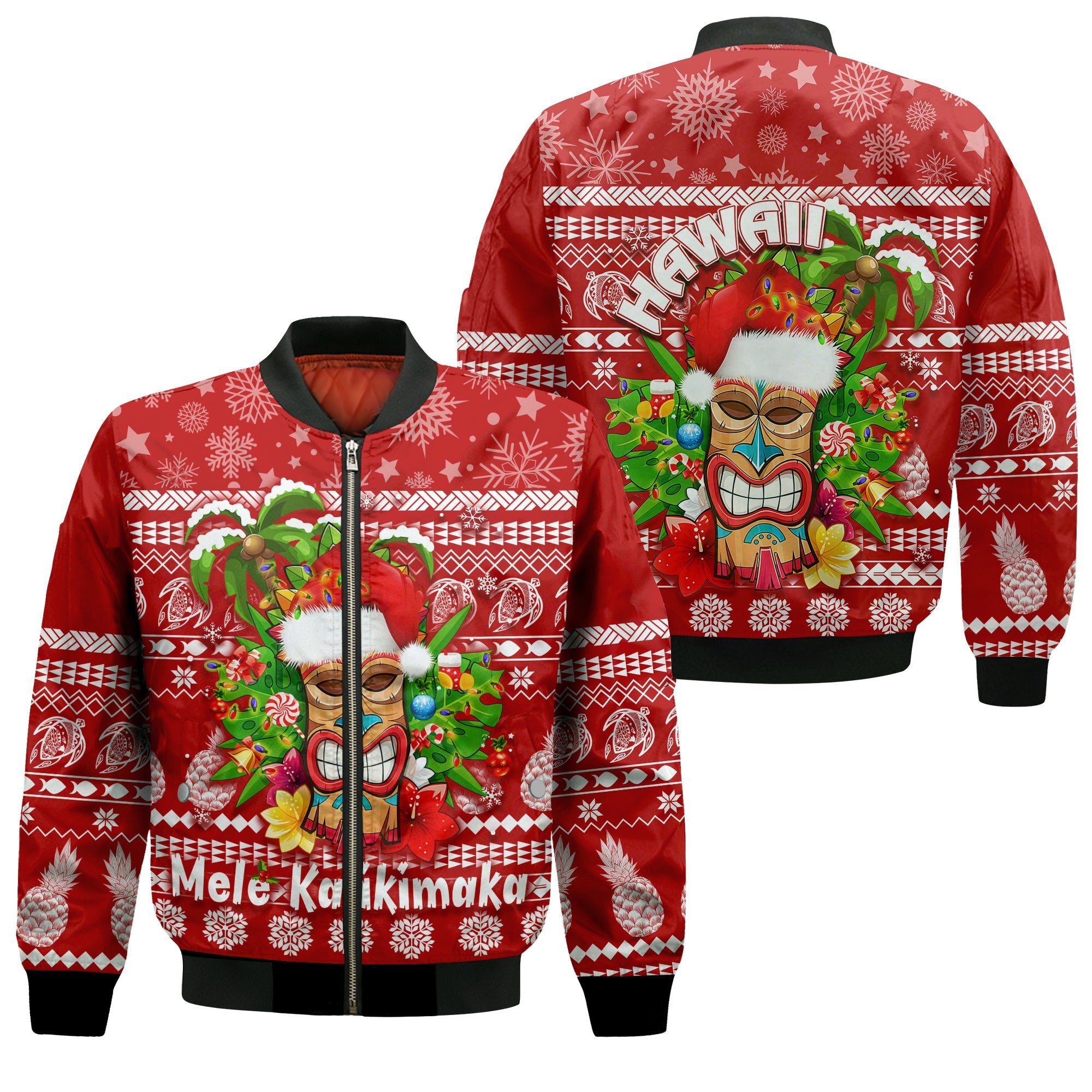 Hawaii Christmas Bomber Jacket Mele Kalikimaka - Tiki LT7 Unisex Red - Polynesian Pride