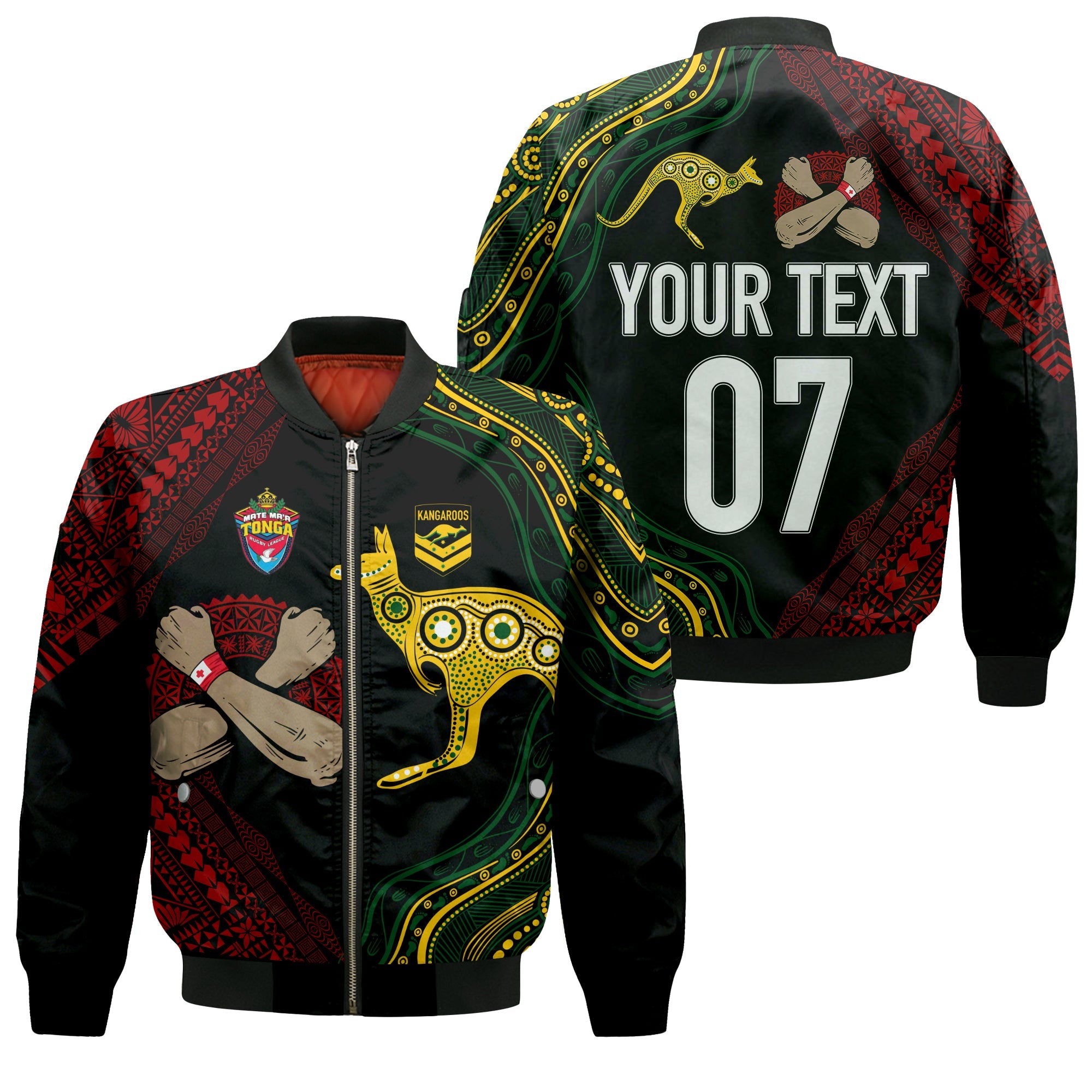 Personalised Aussie Kangaroos Mix Mate Maa Tonga Bomber Jacket Aboriginal with Kupesi LT7 Unisex Black - Polynesian Pride