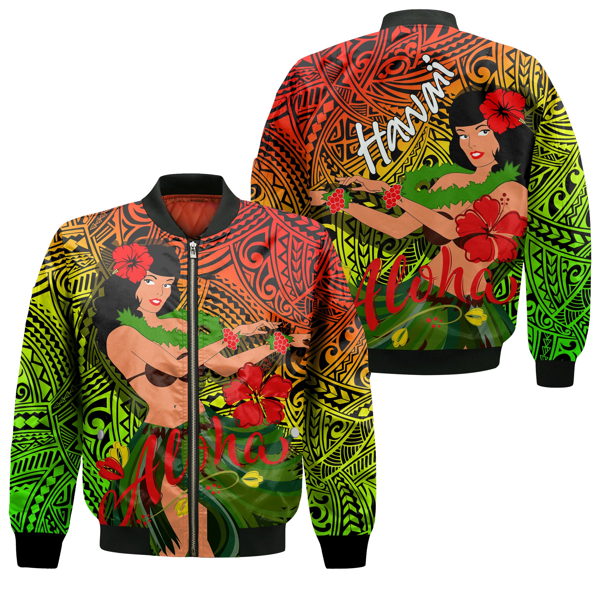 Hawaii Hula Girl Reggae Bomber Jacket - LT2 Unisex REGGAE - Polynesian Pride