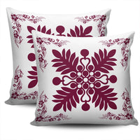 Hawaiian Quilt Maui Plant And Hibiscus Pattern Pillow Covers - Burgundy White - AH - Polynesian Pride