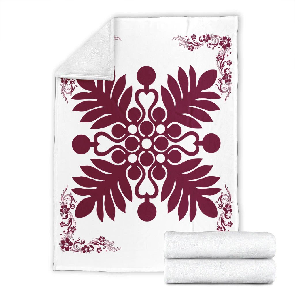 Hawaiian Quilt Maui Plant And Hibiscus Premium Blanket - Burgundy White - AH - Polynesian Pride