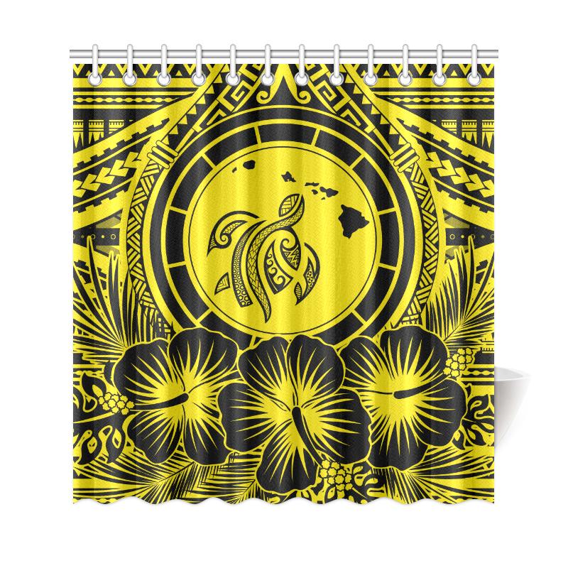 Hawaii Map Honu Hibiscus Yellow Polynesian Shower Curtain - Polynesian Pride