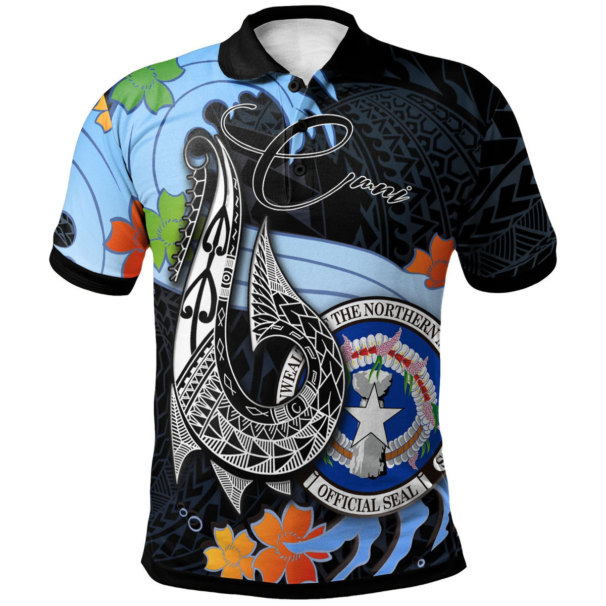 Northern Mariana Islands Polo Shirt Fish Hooks and Wave Unisex Black - Polynesian Pride