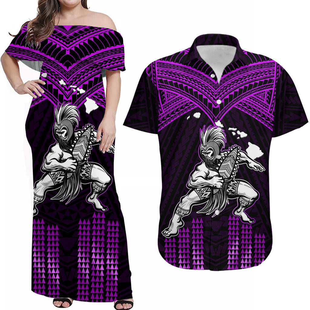 Custom Polynesian Couple Outfits Matching Hawaiian Warrior with Weapon Polynesian Tribal Dress And Shirt Ver.04 LT14 Purple - Polynesian Pride