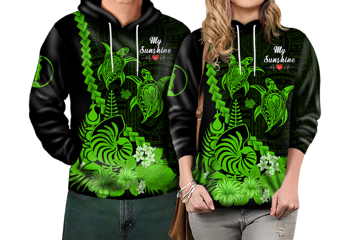 Custom New Caledonia Valentine Couple Love Hoodie My Sunshine Polynesia Turtle Green LT14 No Men - Polynesian Pride