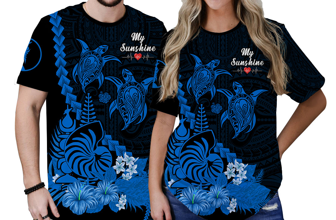Custom New Caledonia Valentine Couple T Shirt My Sunshine Polynesia Turtle Blue LT14 No Men - Polynesian Pride