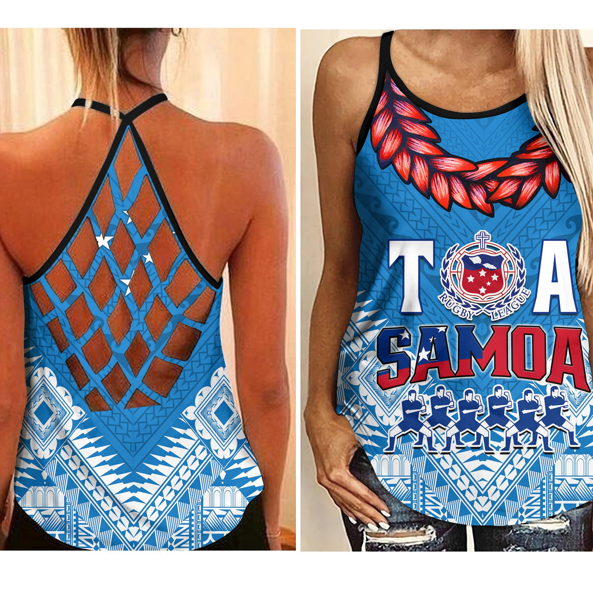 Toa Samoa Rugby Criss Cross Tank Top Manu Siva Tau Style Ulafala LT13 Female Blue - Polynesian Pride