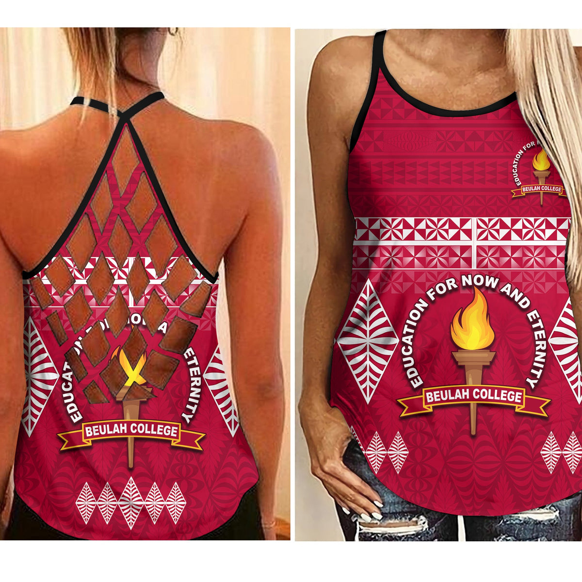 Beulah College Criss Cross Tank Top Ngatu Pattern Tonga LT13 Female Maroon - Polynesian Pride