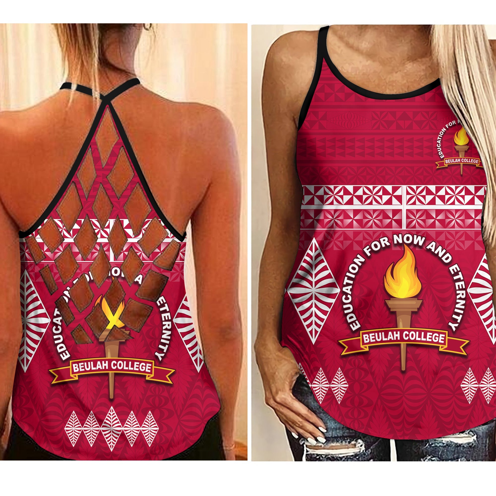 Beulah College Criss Cross Tank Top Ngatu Pattern Tonga LT13 Female Maroon - Polynesian Pride