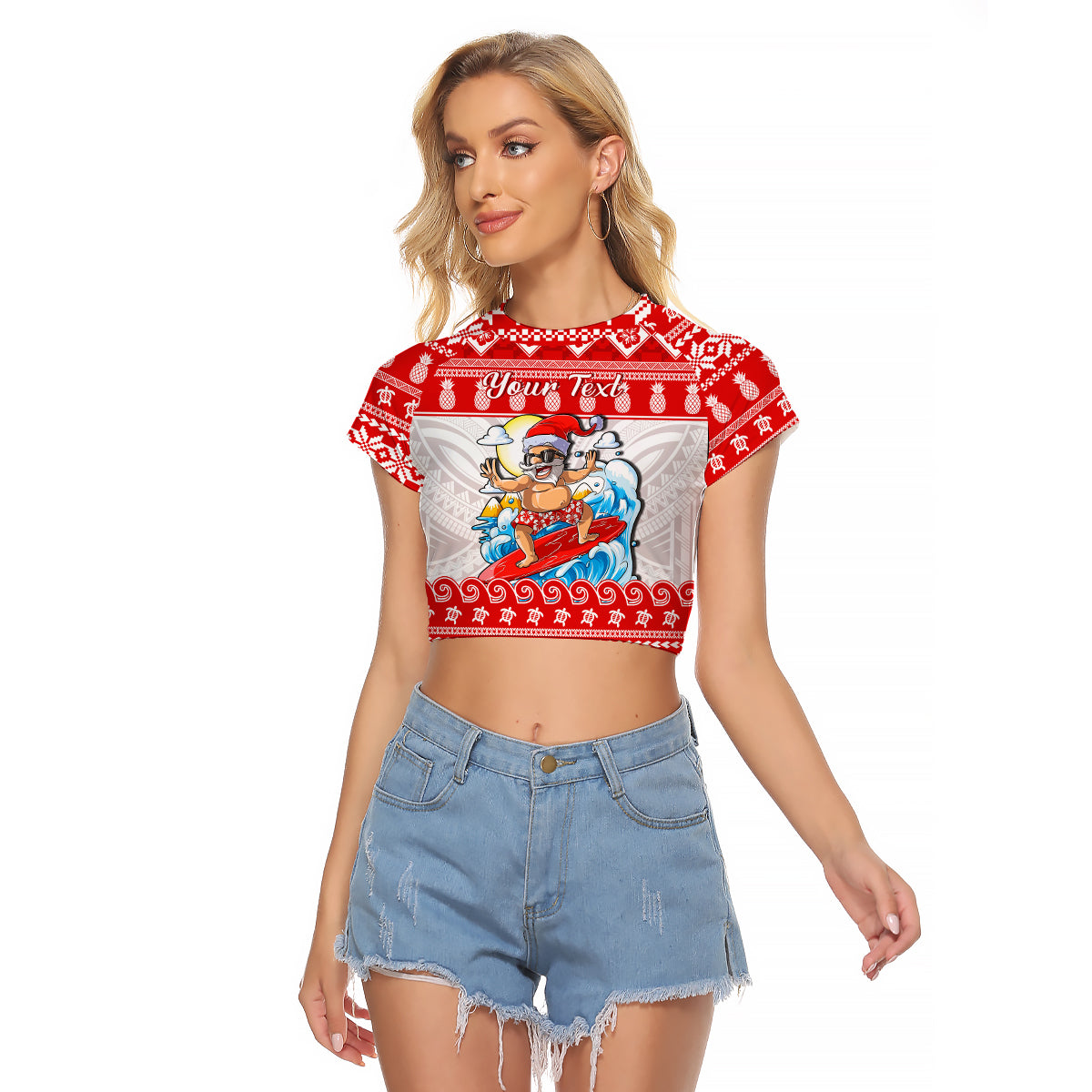 Custom Personalised Hawaii Christmas Raglan Cropped T Shirt Surfing Santa Mele Kalikimaka Polynesian LT14 Female Red - Polynesian Pride