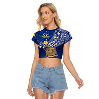 Tokelau Raglan Cropped T Shirt National Badge Polynesian Happy 74th Independence Anniversary LT14 Female Blue - Polynesian Pride