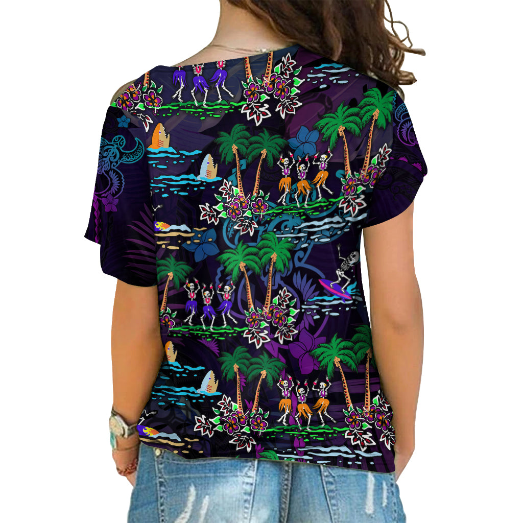 Hawaii Skeleton Dancing Cross Shoulder Shirt Halloween Hawaiian Turtle LT13 - Polynesian Pride