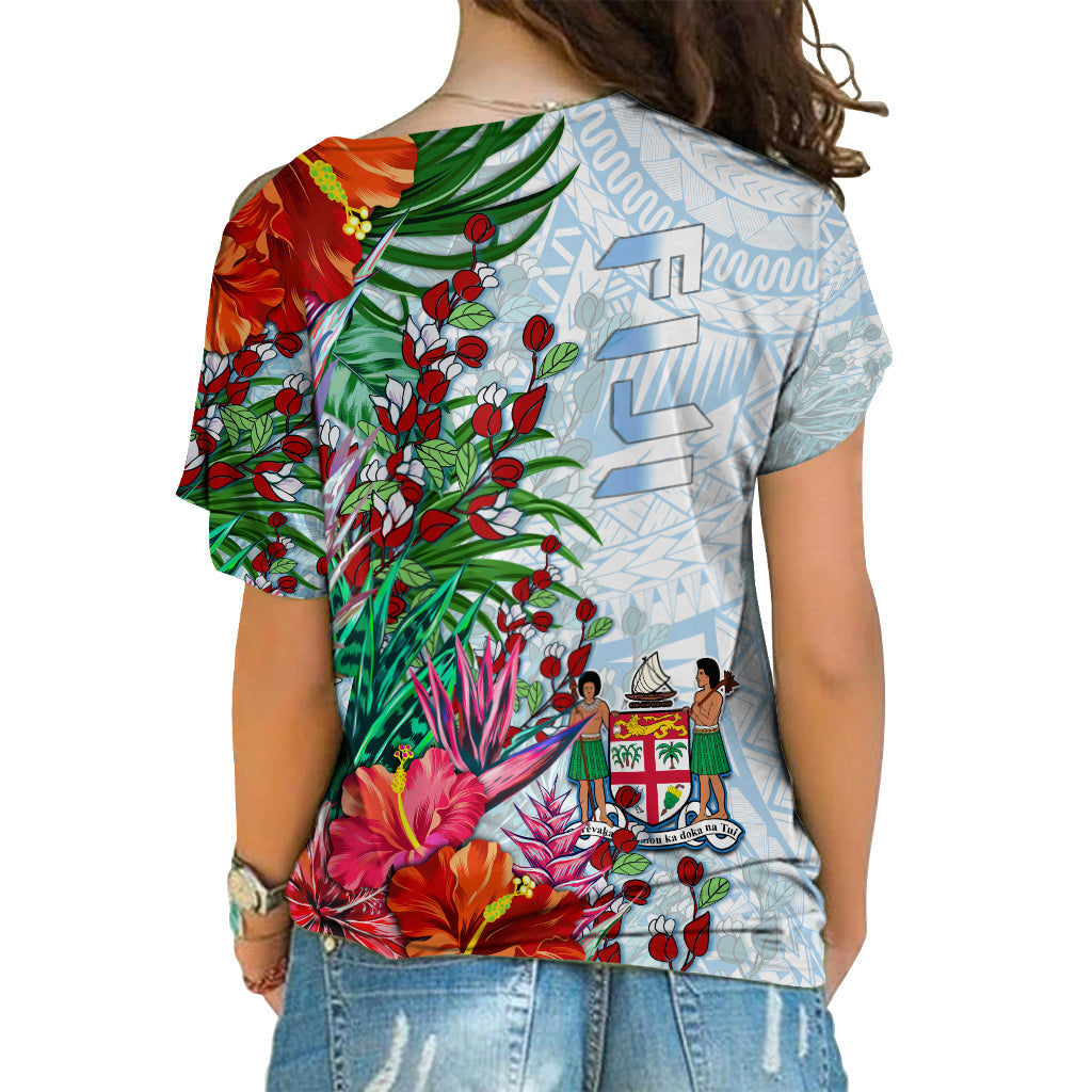(Custom Personalised) Fiji Cross Shoulder Shirt Proud Fijian Tapa mix Tagimoucia Flowers LT13 - Polynesian Pride