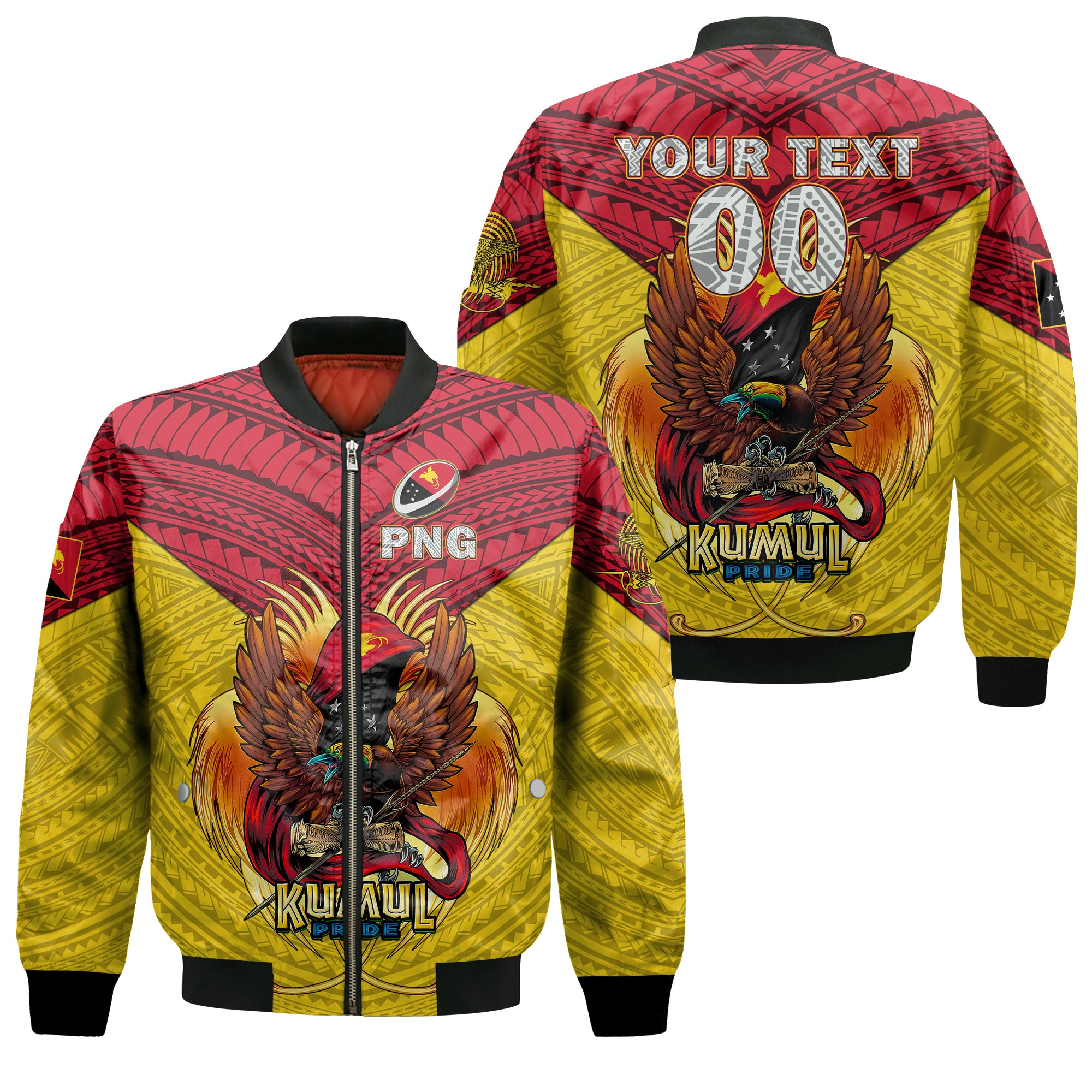 (Custom Personalised) Papua New Guinea Rugby Kumul Pride Bomber Jacket - LT2 Unisex YELLOW - Polynesian Pride
