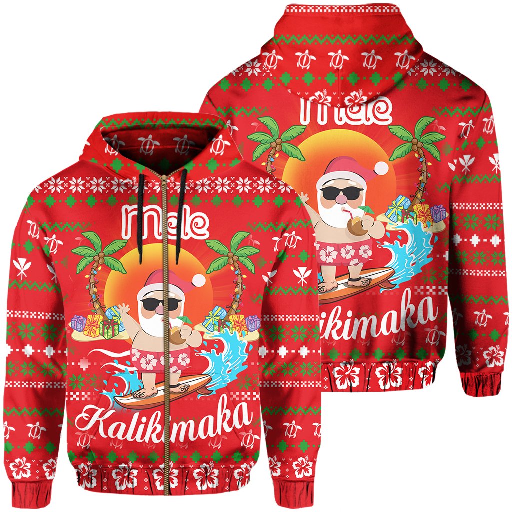 Hawaiian Santa Claus Mele Kalikimaka Hoodie Zip Red Aviv Style Unisex Red - Polynesian Pride