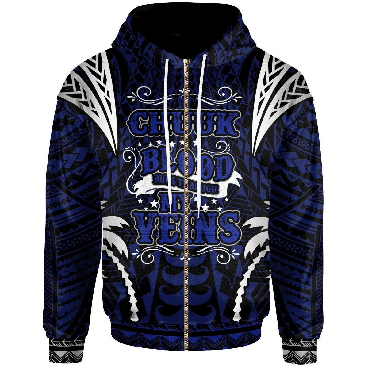 Chuuk Zip up Hoodie Blood Runs Through My Veins Style Flag Unisex Blue - Polynesian Pride