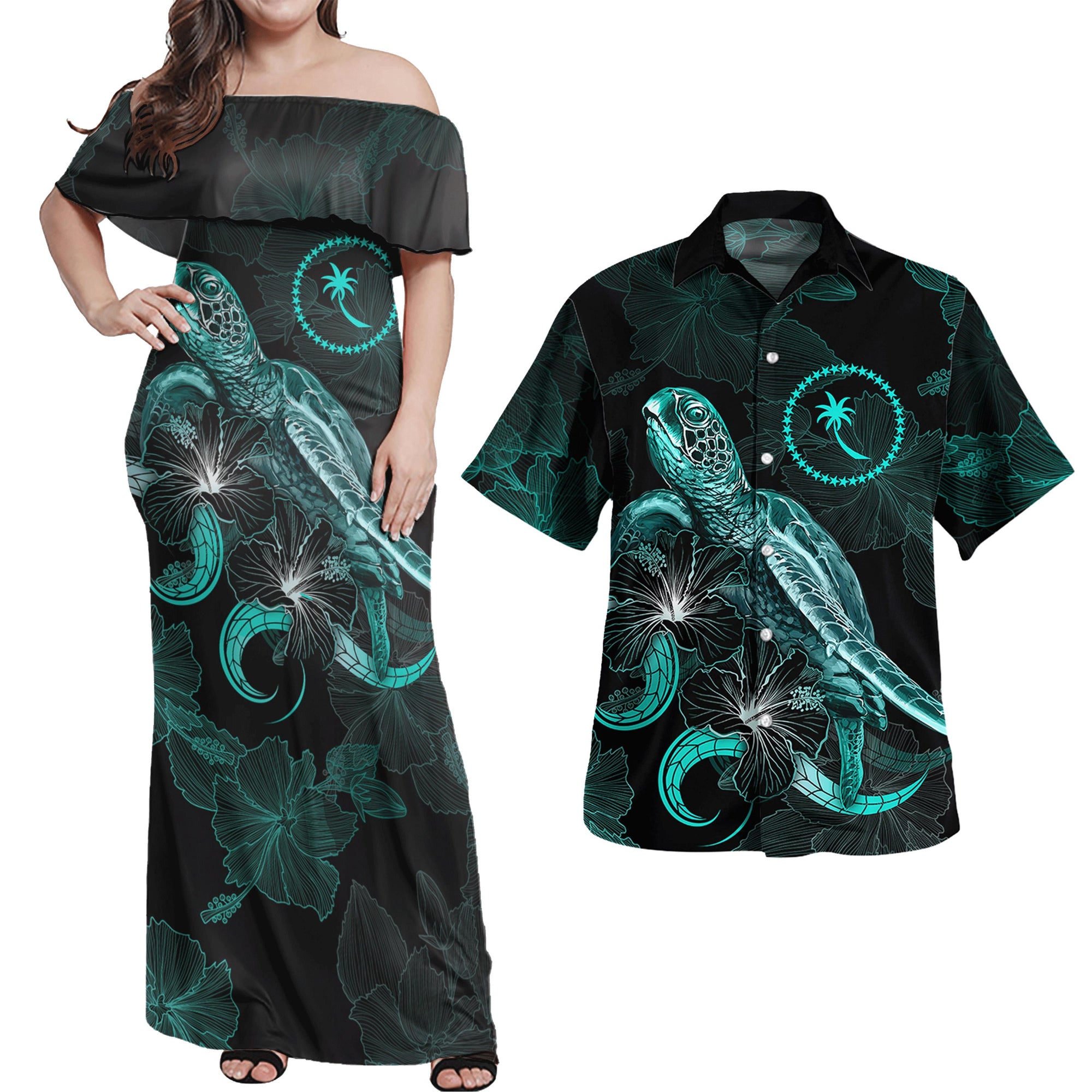 Chuuk Micronesia Matching Hawaiian Shirt and Dress Chuuk Pride with Polynesian with Turtle and Blooming Hibiscus Turquoise Turquoise - Polynesian Pride