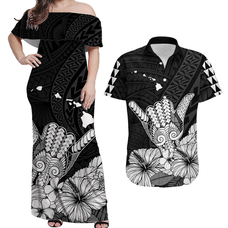 Hawaii Shaka Sign Couple Long Dress and Hawaiian Shirt Black Version LT9 Black - Polynesian Pride
