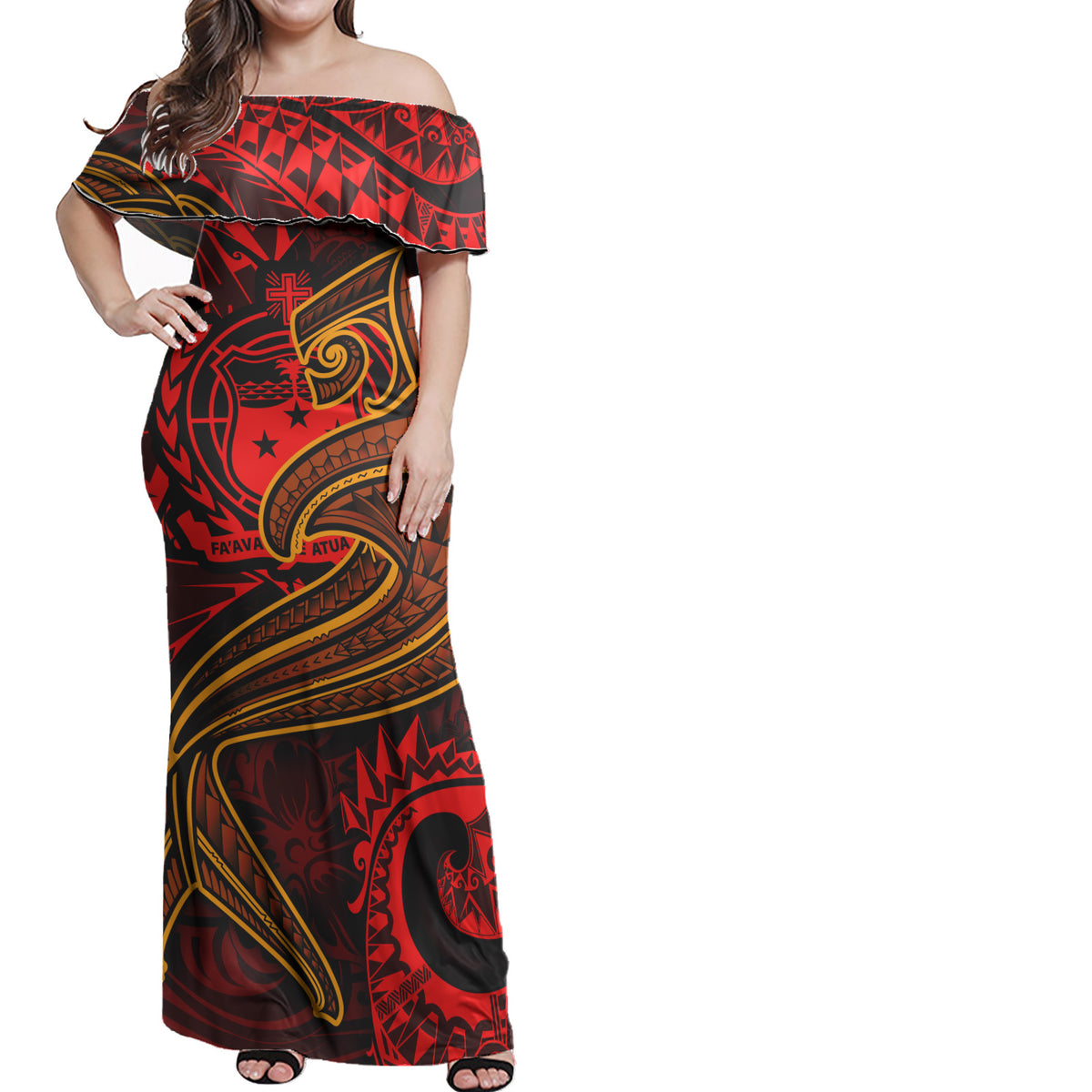 Samoa Matching Dress and Hawaiian Shirt Polynesian Red Shark - Polynesian Pride