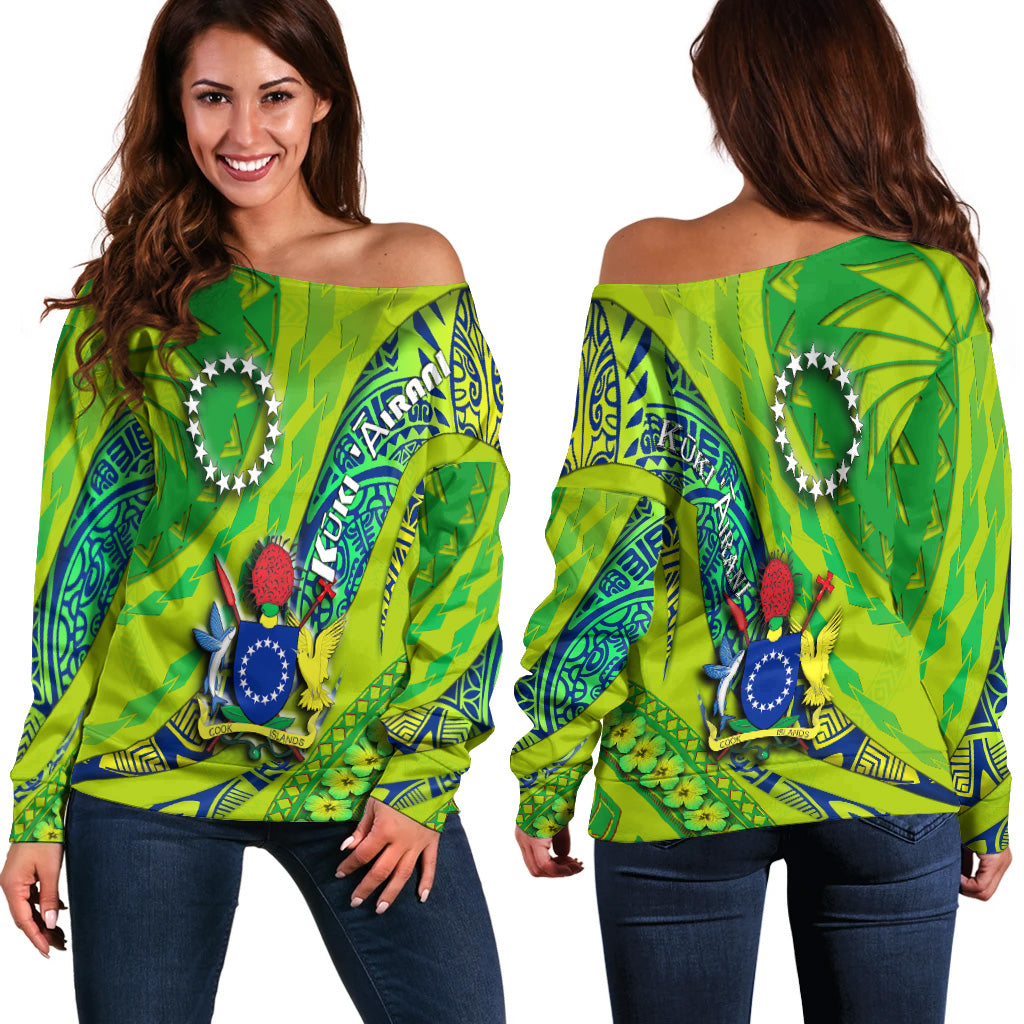 Cook Islands Women Off Shoulder Sweater Artsy Style - Green LT9 - Polynesian Pride