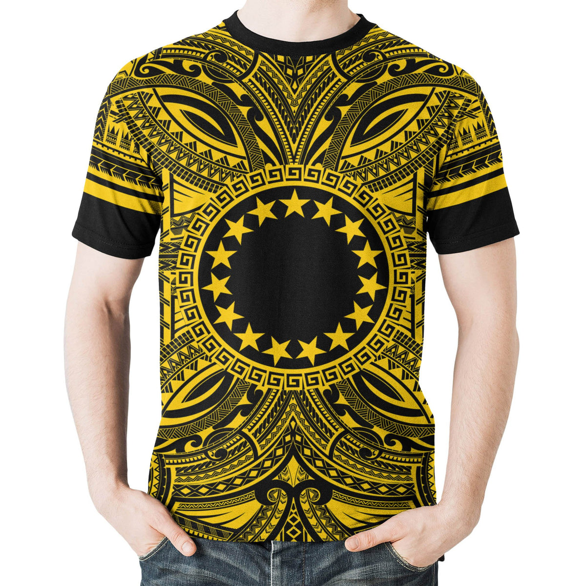 Cook Islands T Shirt Polynesian Coat of Arms Polynesian Gold Black - Polynesian Pride