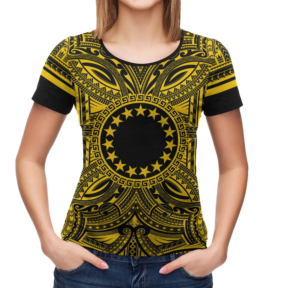 Cook Islands T Shirt Polynesian Coat of Arms Polynesian Gold Black - Polynesian Pride