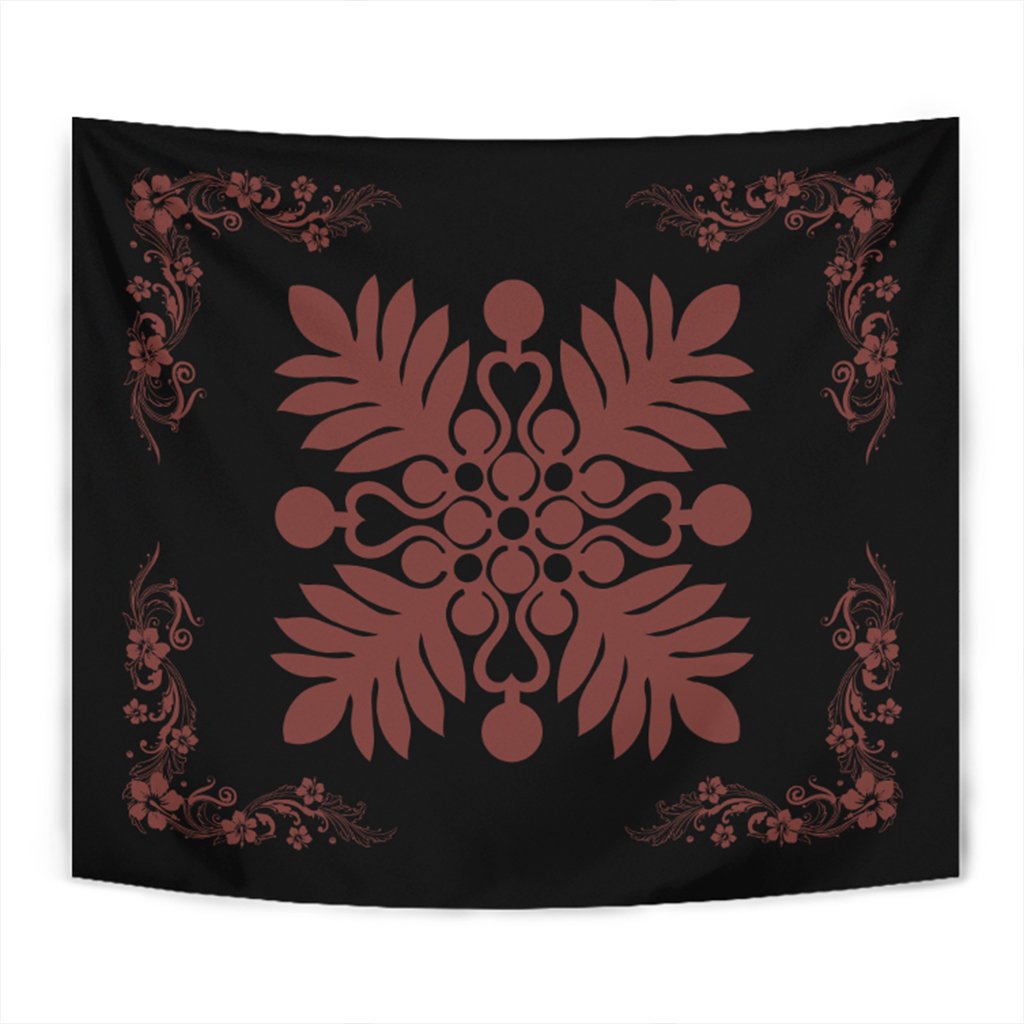 Hawaiian Quilt Maui Plant And Hibiscus Tappestry - Coral Black - AH Wall Tapestry Coral - Polynesian Pride