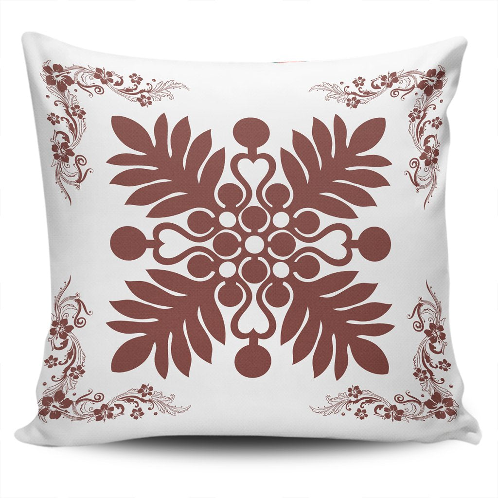 Hawaiian Quilt Maui Plant And Hibiscus Pattern Pillow Covers - Coral White - AH One Size Coral - Polynesian Pride