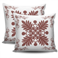 Hawaiian Quilt Maui Plant And Hibiscus Pattern Pillow Covers - Coral White - AH - Polynesian Pride