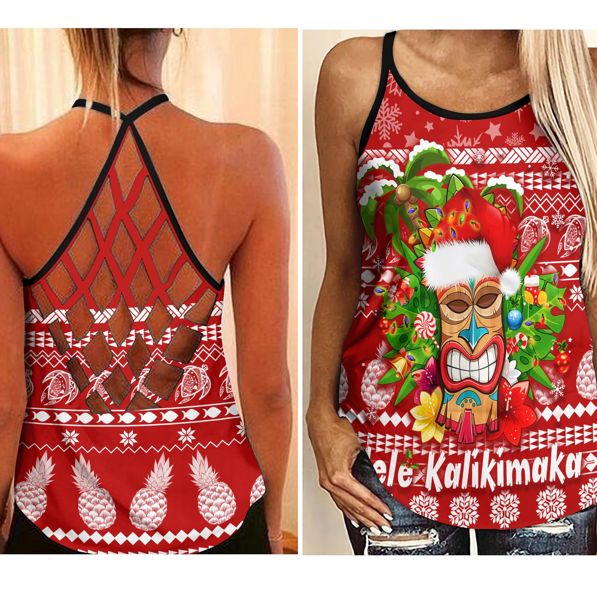 Hawaii Christmas Criss Cross Tank Mele Kalikimaka - Tiki LT7 Female Red - Polynesian Pride