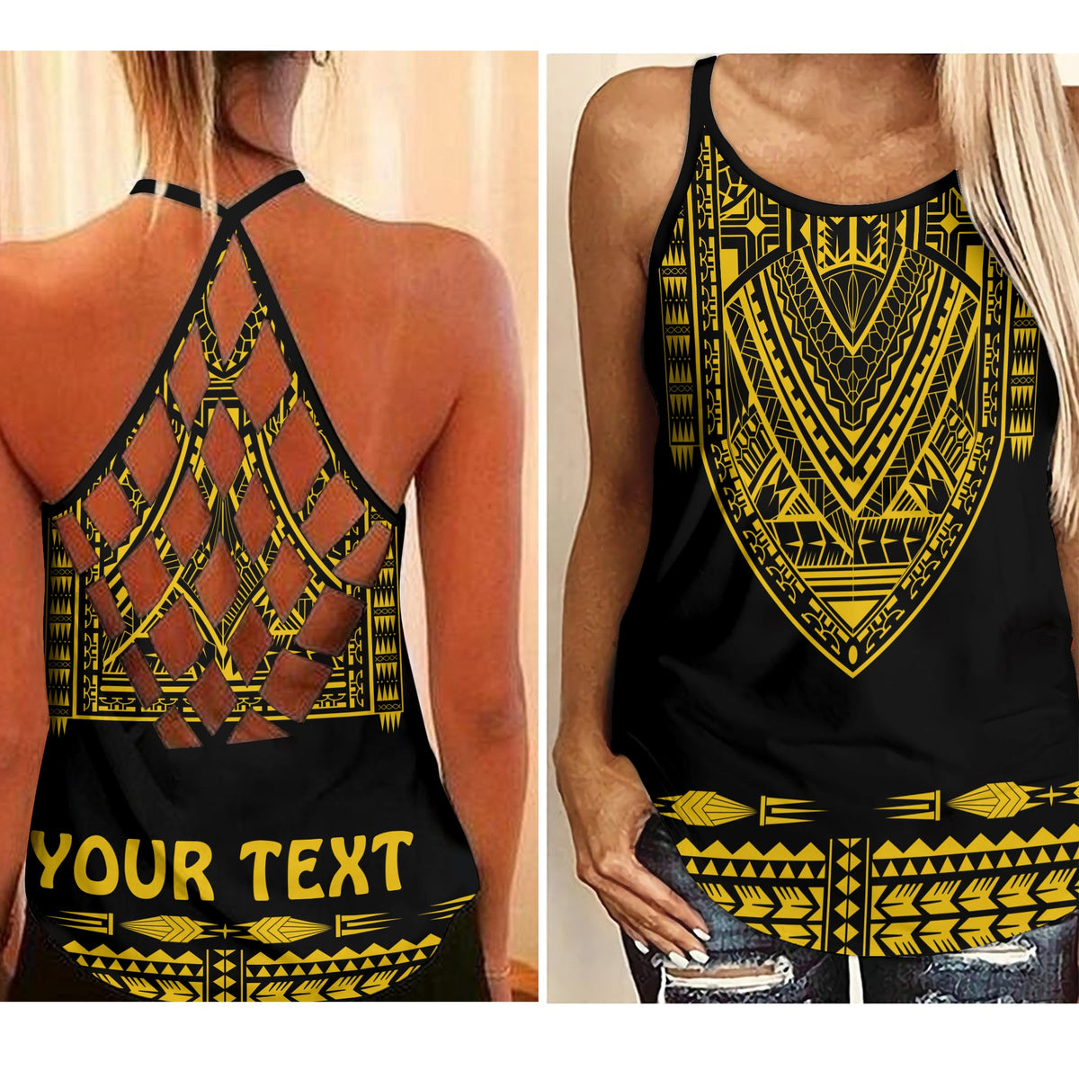 (Custom Personalised) Polynesian Criss Cross Tank Top Dashiki With Polynesian Tattoo Royal Golden Version LT14 Female Black - Polynesian Pride