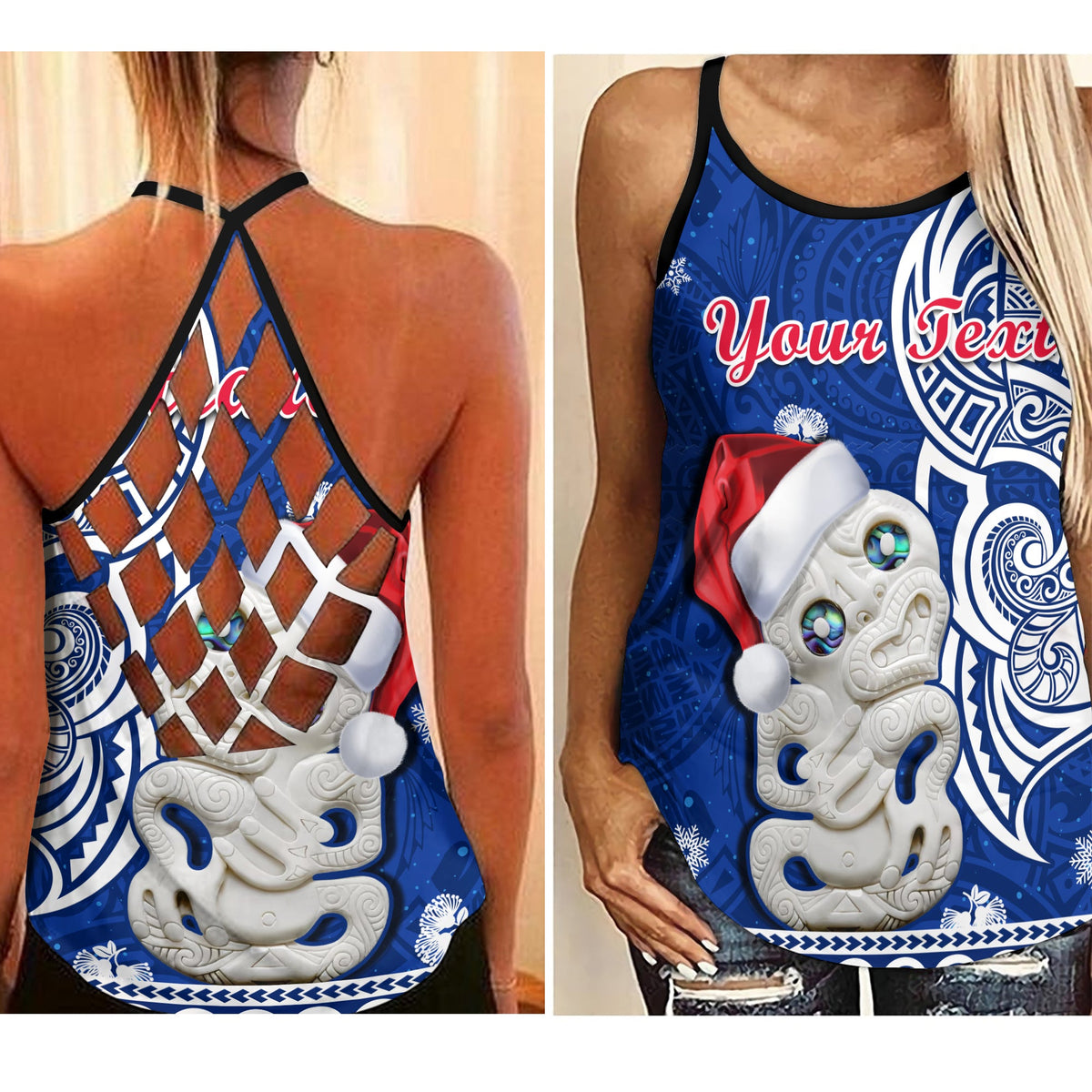 (Custom Personalised) New Zealand Christmas Criss Cross Tank Top Hei Tiki Blue Pohutukawa Meri Kirihimete LT14 Female Blue - Polynesian Pride
