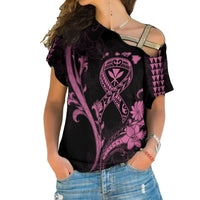 Hawaii Cross Shoulder Shirt Breast Cancer Survivor Mix Hibiscus LT7 Female Black - Polynesian Pride