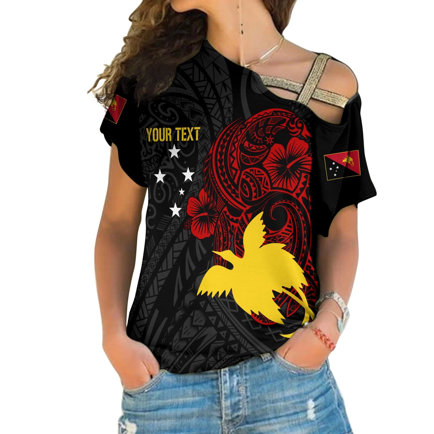 Personalised Papua New Guinea 47th Independence Cross Shoulder Shirt Tribal Turtle LT7 Female Black - Polynesian Pride