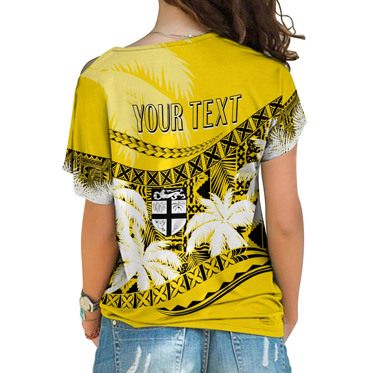 Personalised Fiji Day Cross Shoulder Shirt Flying Fijians Masi Kesa Style - Gold LT7 - Polynesian Pride