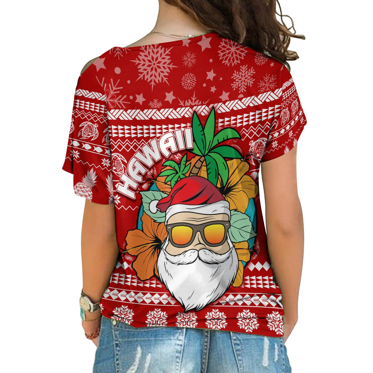 Hawaii Christmas Cross Shoulder Shirt Mele Kalikimaka - Tropical Santa LT7 - Polynesian Pride