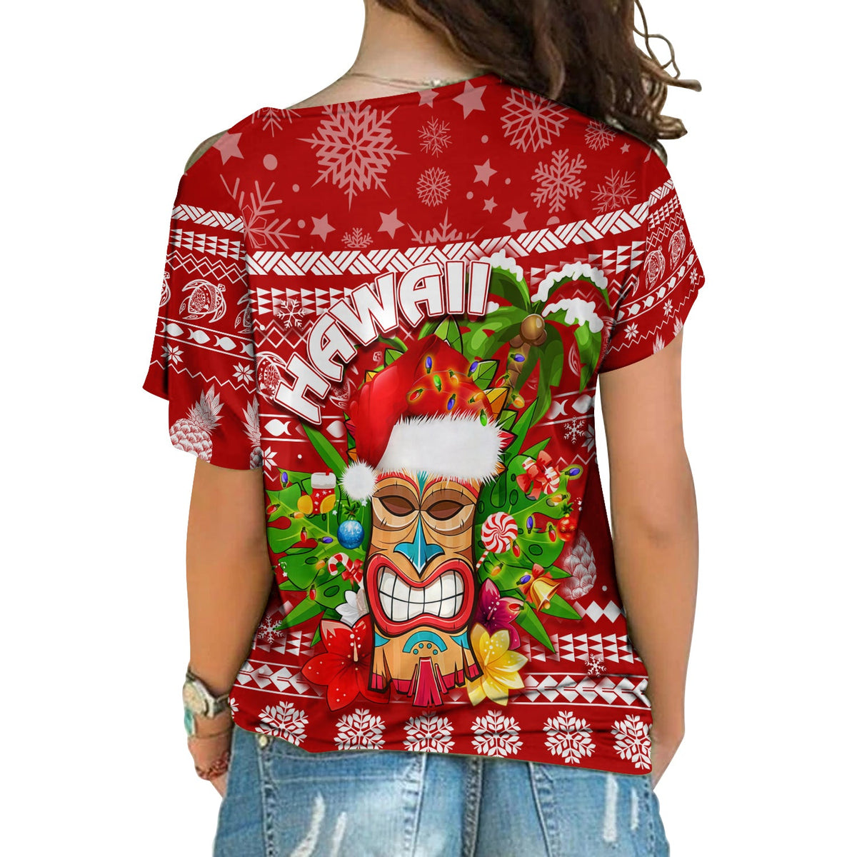 Hawaii Christmas Cross Shoulder Shirt Mele Kalikimaka - Tiki LT7 - Polynesian Pride