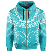 Hawaiian Kanaka Map Football Jersey Hoodie Zip Cyan and White Roger Style - Polynesian Pride