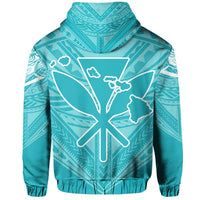 Hawaiian Kanaka Map Football Jersey Hoodie Zip Cyan and White Roger Style - Polynesian Pride